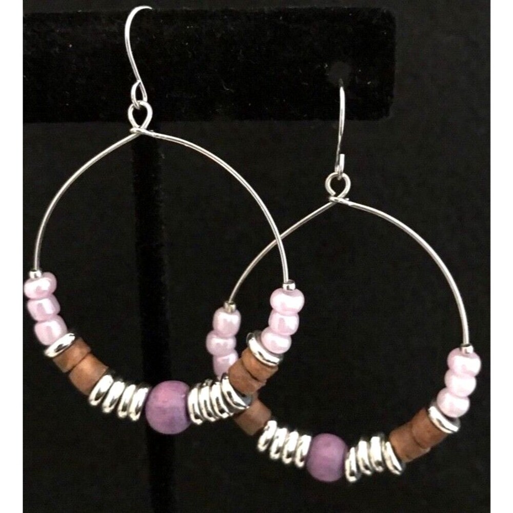 New Beaded Hoop Earrings Silver Tone Purple Wood Glass Beads - 4D
